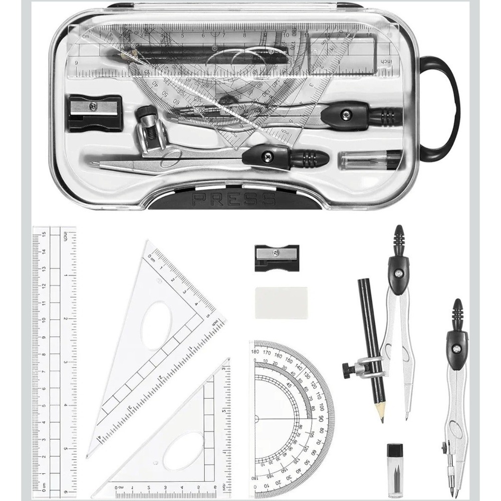 Student Geometry Set 10 Piece, Compass Ruler Protractor, Drafting Tools,‎ Black - Picture 2 of 6